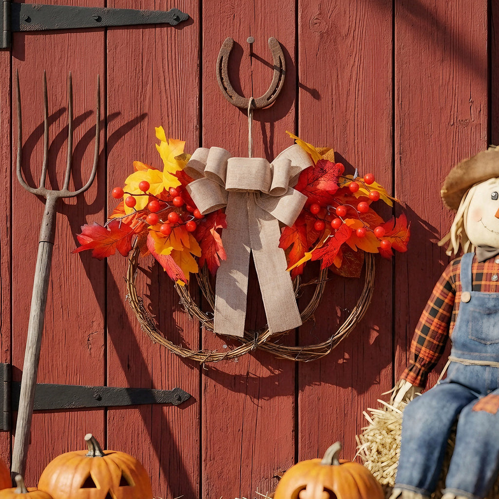 Grapevine Pumpkin Fall Wreath Maple Leaves Berries Bow