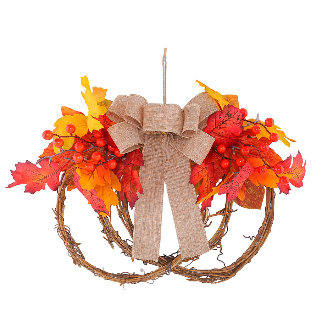 Grapevine Pumpkin Fall Wreath Maple Leaves Berries Bow
