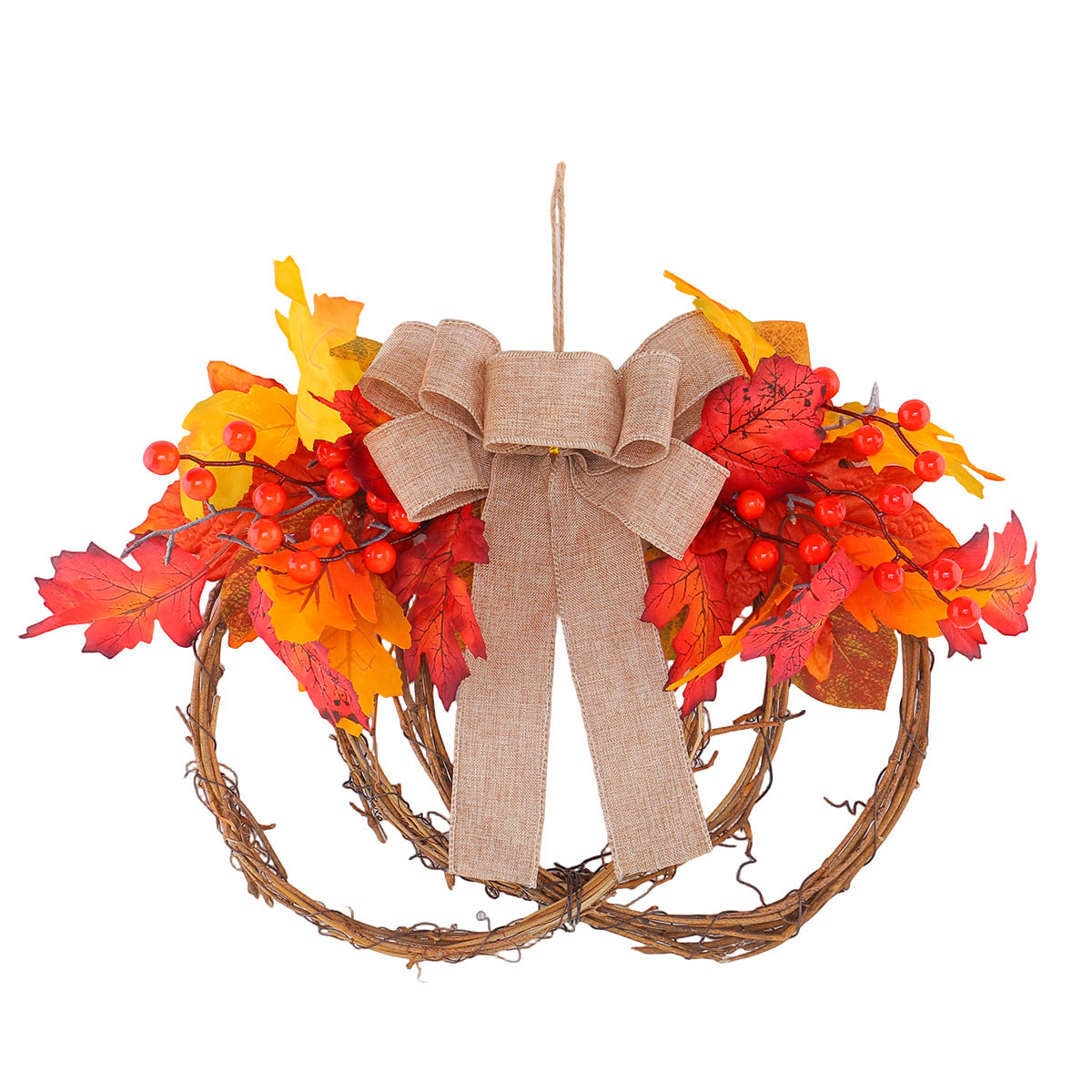Grapevine Pumpkin Fall Wreath Maple Leaves Berries Bow