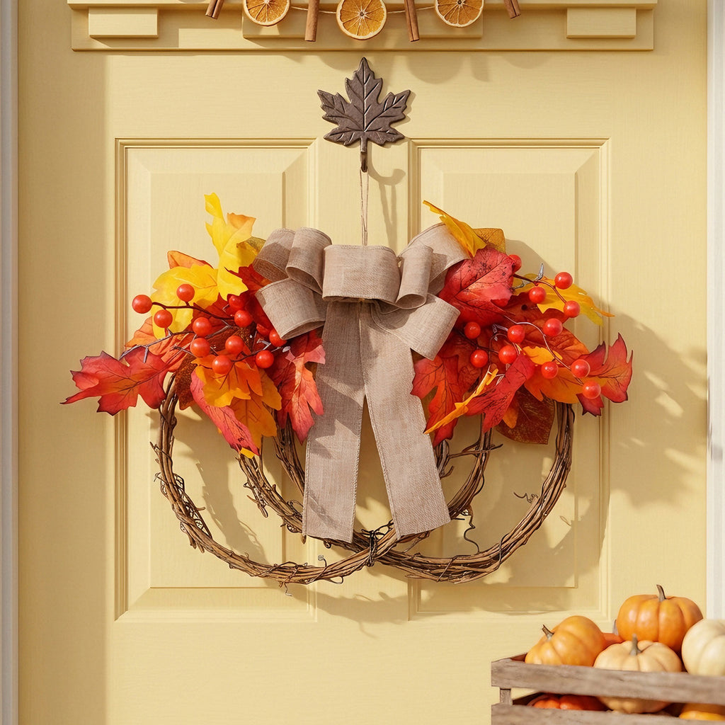 Grapevine Pumpkin Fall Wreath Maple Leaves Berries Bow