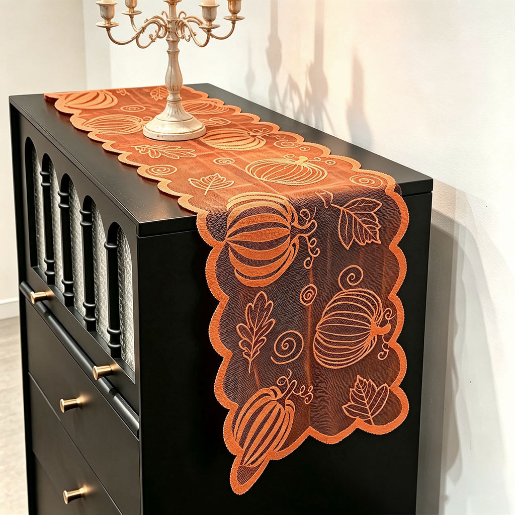 Orange Pumpkin Lace Table Runner Fall Thanksgiving Decor