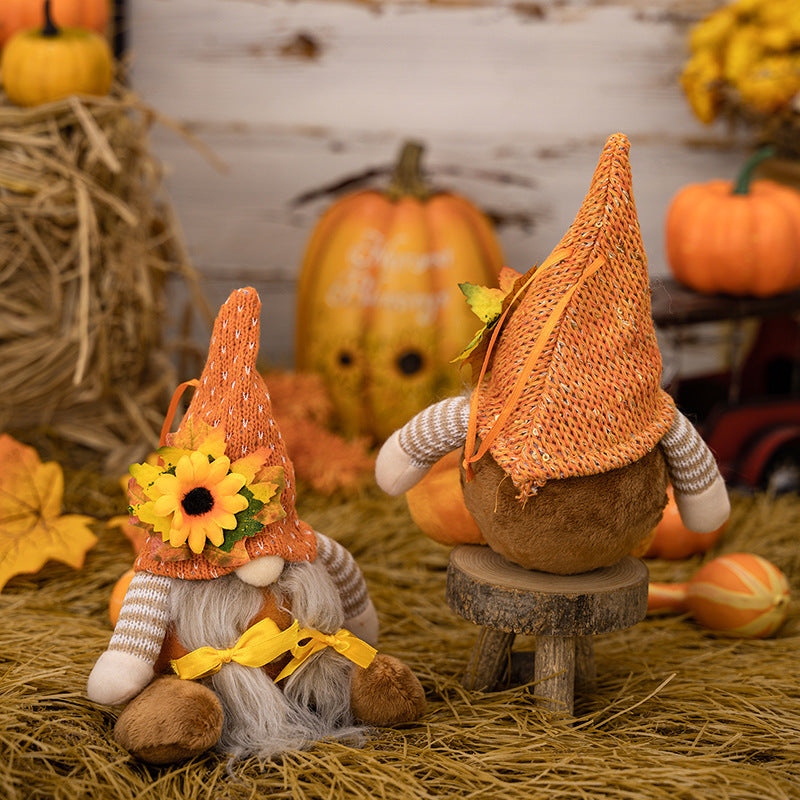 2PCS Fall Harvest Gnome Plush Orange Sunflower Decor