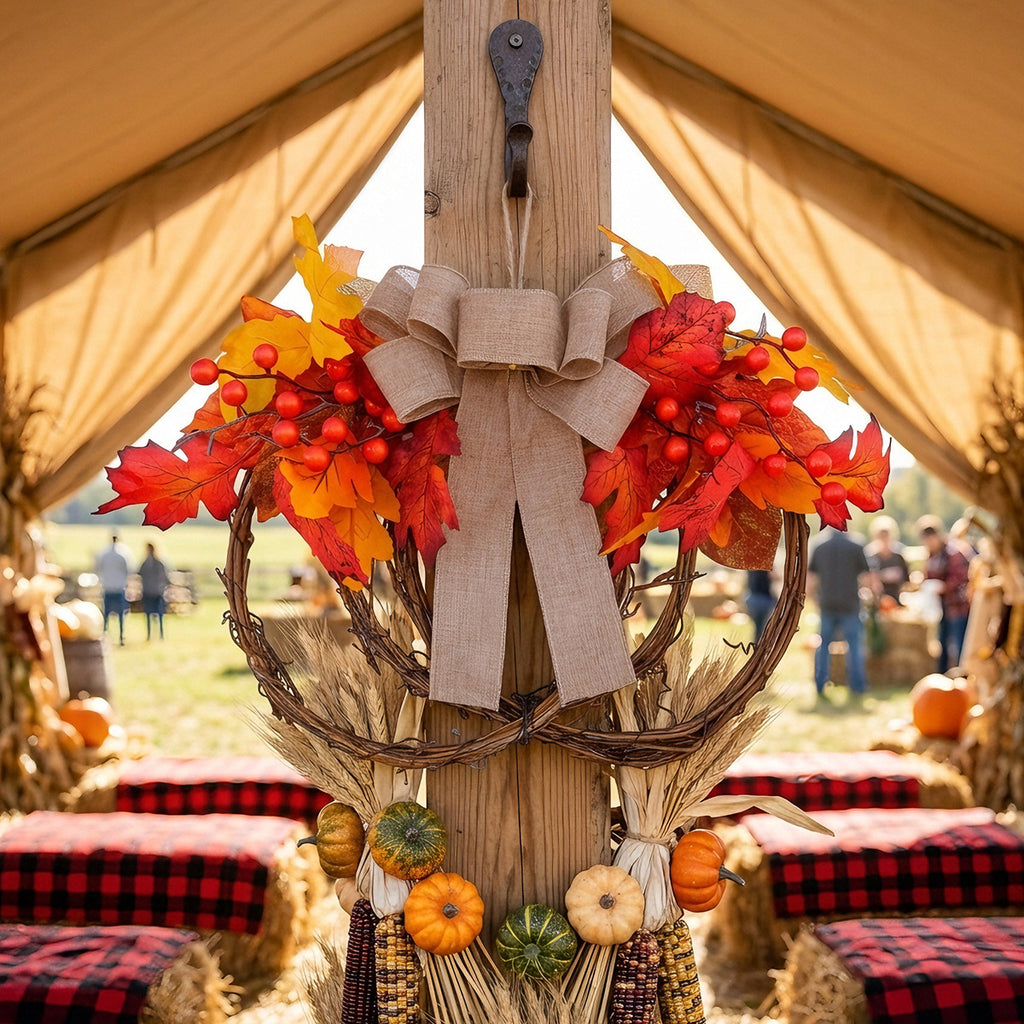 Grapevine Pumpkin Fall Wreath Maple Leaves Berries Bow