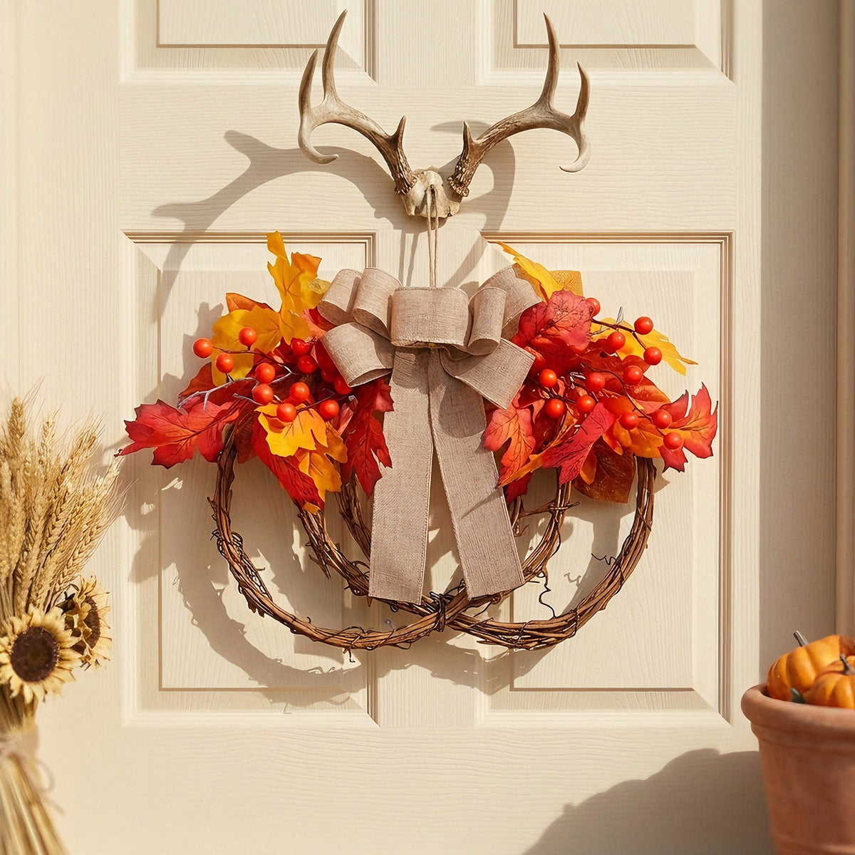 Grapevine Pumpkin Fall Wreath Maple Leaves Berries Bow