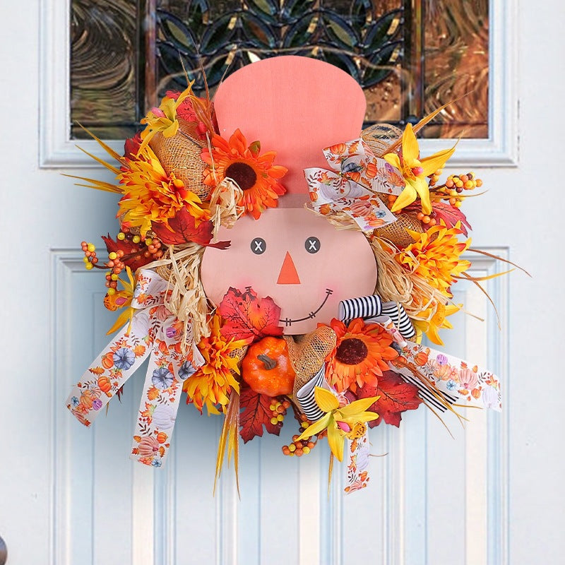 Scarecrow Face Fall Wreath Sunflower Pumpkin Door Decor