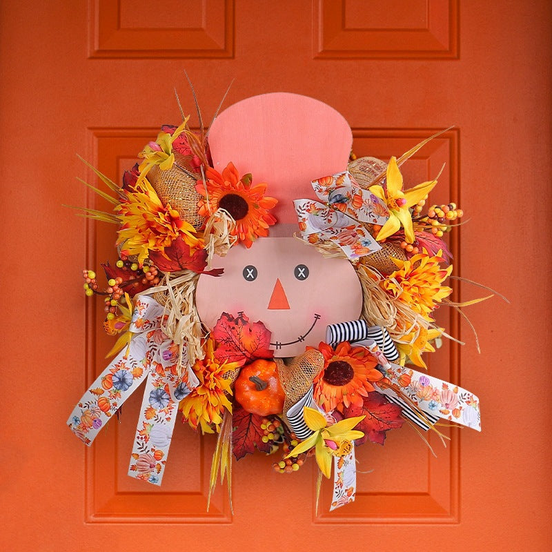 Scarecrow Face Fall Wreath Sunflower Pumpkin Door Decor