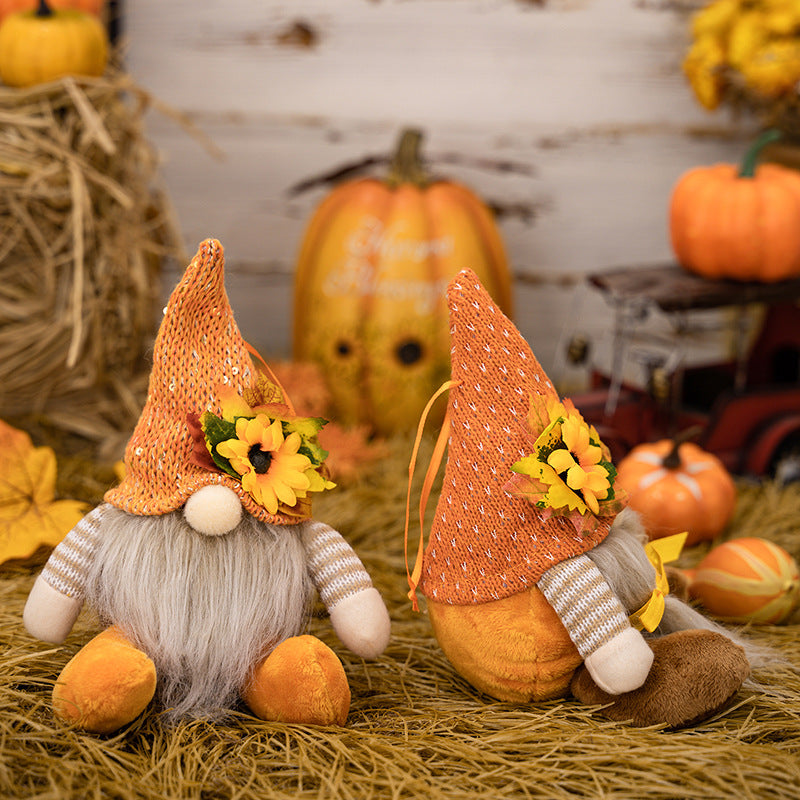 2PCS Fall Harvest Gnome Plush Orange Sunflower Decor