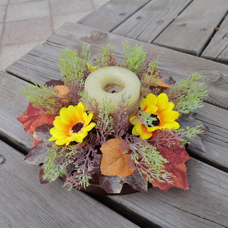Fall Sunflower Maple Leaf Candle Ring Centerpiece