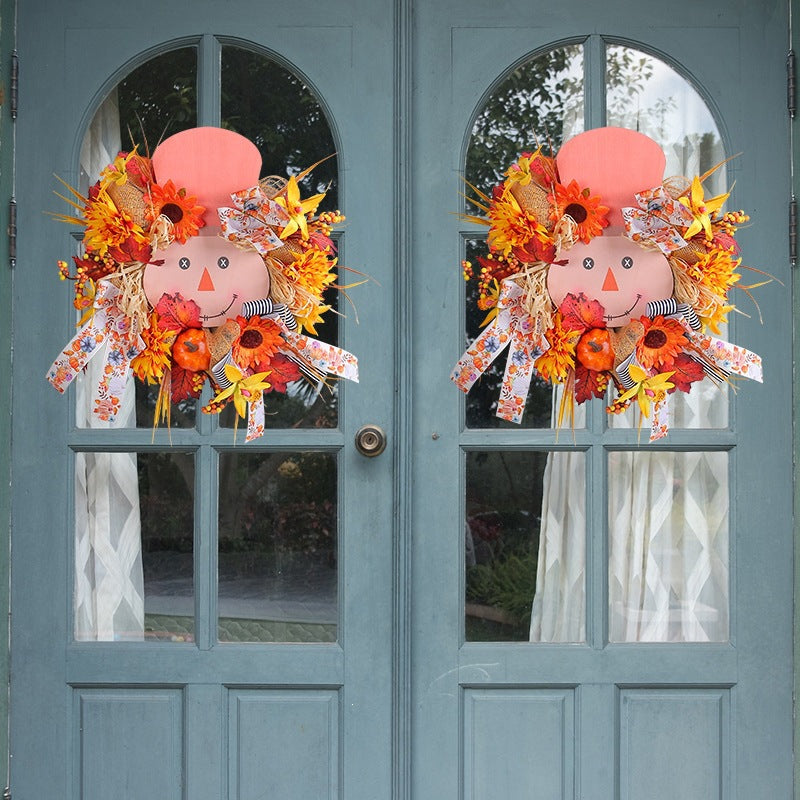 Scarecrow Face Fall Wreath Sunflower Pumpkin Door Decor