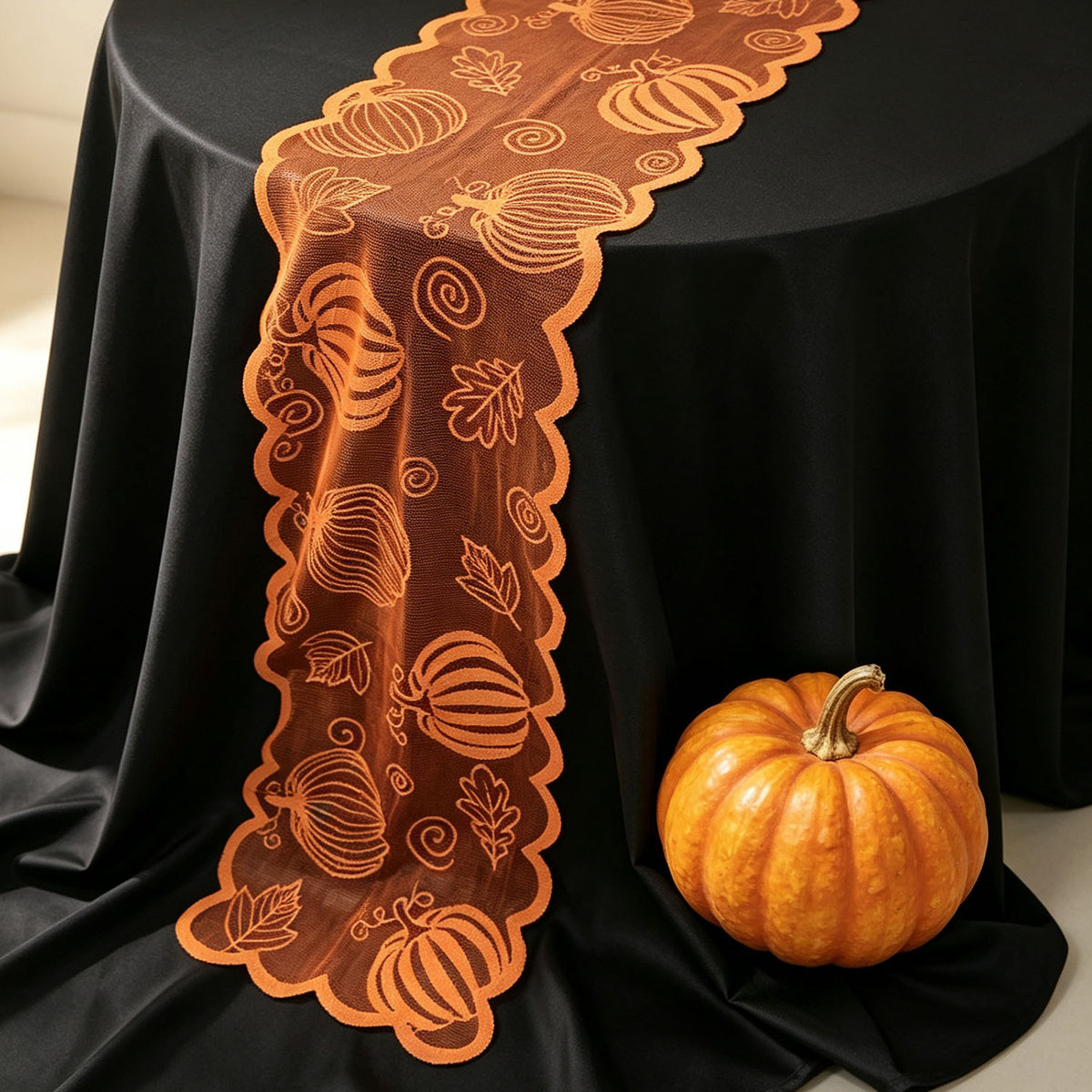 Orange Pumpkin Lace Table Runner Fall Thanksgiving Decor